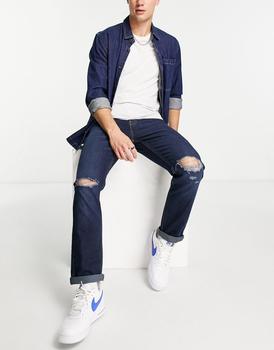 推荐Levi's 502 tapered fit jeans in dark navy with distressing商品