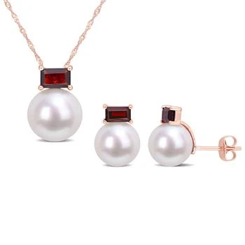 Mimi & Max | 9-9.5 & 11-12 MM Freshwater Cultured Pearl and 1 1/2 CT TGW Garnet Stud Earrings and Pendant Set in 10k Rose Gold,商家Premium Outlets,价格¥2737