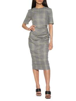 ALEXIA ADMOR | Olive Plaid Draped Midi Sheath Dress商品图片,3.6折