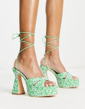 Daisy Street | Daisy Street platform heeled sandals in green floral print 4.6折
