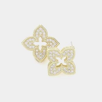FASHNZFAB | 14K Gold Plated CZ Stone Paved Quatrefoil Stud Earrings - Gold,商家Premium Outlets,价格¥213