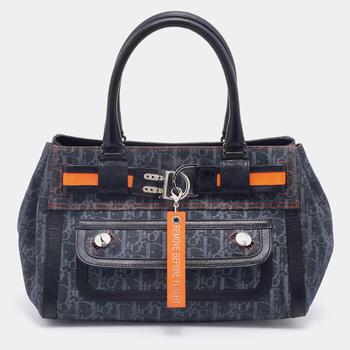 迪奥托特包, [二手商品] Dior | Dior Navy Blue Oblique Denim and Leather Flight Shopper Tote商品图片 
