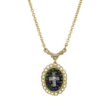 推荐14K Gold Dipped Carded Oval Multi Color Beaded Crystal Cross Necklace商品