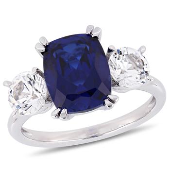 商品6 1/10 CT TGW Cushion-Cut Created Blue and Created White Sapphire Three-Stone Ring in 10K White Gold,商家Premium Outlets,价格¥2110图片