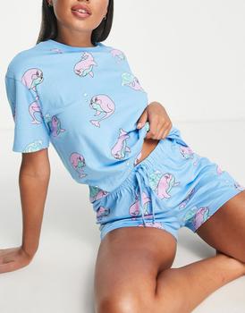 推荐ASOS DESIGN dolphin oversized tee & short pyjama set in blue商品