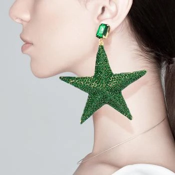 FASHNZFAB | Rhinestone Embellished Metal Star Dangle Earrings - Emerald, Gold,商家Premium Outlets,价格¥161