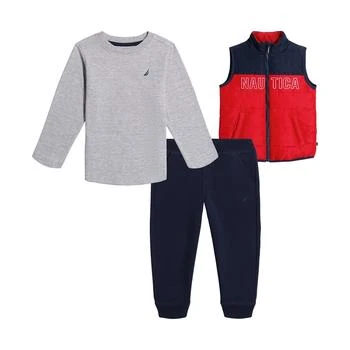 Nautica | Baby Boys Long Sleeve Heather T-shirt, Colorblock Puffer Vest and Fleece Joggers, 3 Piece Set,商家Macy's,价格¥260