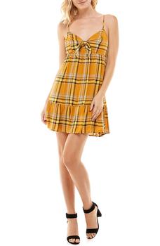 ROW A, ROW A | V-Neck Sleeveless Tie Front Plaid Print A-Line Dress商品图片 