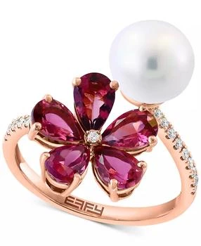 Effy | EFFY® Freshwater Pearl (8mm), Pink Tourmaline (5-1/2 ct. t.w.) & Diamond (1/8 ct. t.w.) Flower Bypass Ring in 14k Rose Gold,商家Macy's,价格¥9816