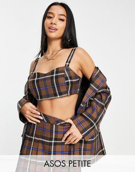 推荐ASOS DESIGN Petite check crop top in brown check商品