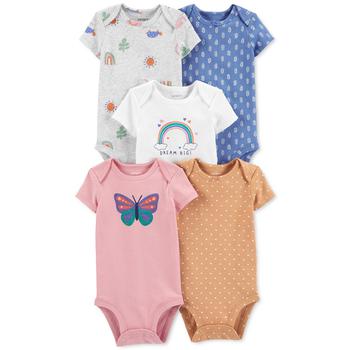 商品Baby Girls Printed Short Sleeved Cotton Bodysuits, Pack of 5图片