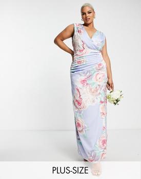 推荐Liquorish Plus Bridesmaid satin wrap front maxi dress with wrap skirt in placement floral商品