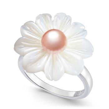 商品Macy's | Pink Cultured Freshwater Button Pearl (6mm) & Mother-of-Pearl Flower Statement Ring in Sterling Silver,商家Macy's,价格¥380图片