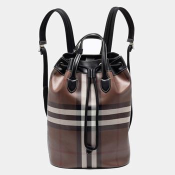 burberry双肩包, Burberry | Burberry Brown/Black Check Print Coated Canvas and Leather Drawstring Backpack商品图片 6.9折