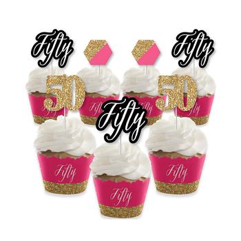商品Big Dot of Happiness | Chic 50th Birthday - Pink, Black and Gold - Cupcake Decoration - Birthday Party Cupcake Wrappers and Treat Picks Kit - Set of 24,商家Macy's,价格¥145图片