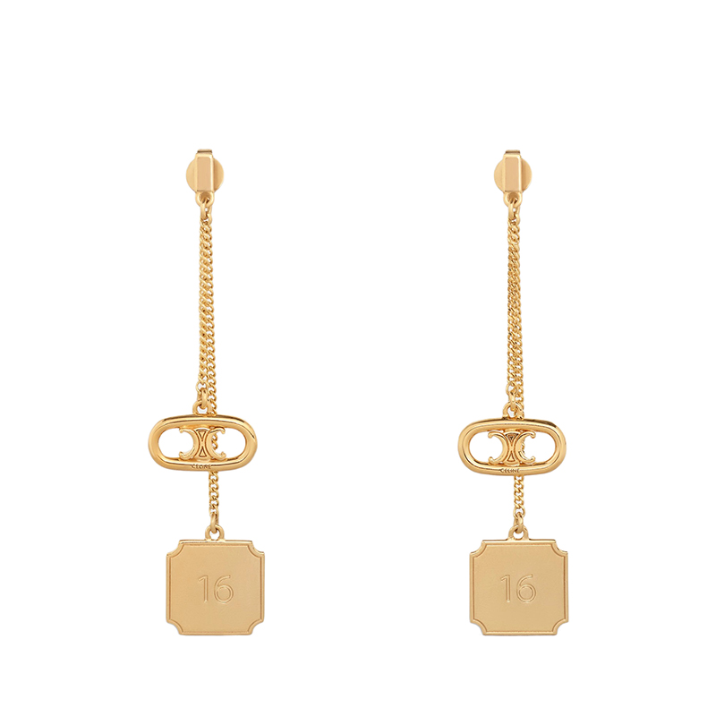 celine triomphe推荐, Celine | CELINE/赛琳 经典MAILLON TRIOMPHE SIGNATURE系列 金色黄铜方形挂坠耳环商品图片 额外9.5折, 包邮包税, 额外九五折