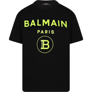 Balmain是什么牌子, Balmain | Neon yellow logo print t shirt in black商品图片 