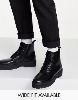ASOS | ASOS DESIGN lace up boot in black faux leather with raised chunky sole商品图片,8.5折