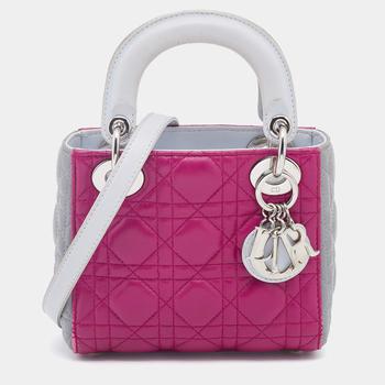 迪奥托特包, [二手商品] Dior | Dior Pink/Grey Cannage Leather Mini Lady Dior Tote商品图片 6.6折
