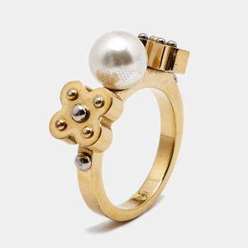 商品[二手商品] Louis Vuitton | Louis Vuitton Gold Tone Faux Pearl Monogram Ring M,商家The Luxury Closet,价格¥1316图片
