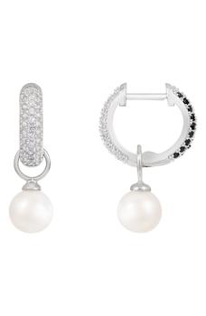 Splendid Pearls | Rhodium Plated Sterling Silver 7-8mm Cultured Freshwater Pearl & CZ Interchangeable Charm Huggie Drop Earrings商品图片,