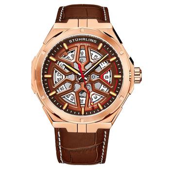 Stuhrling | Men's Automatic Brown Alligator Embossed Genuine Leather Strap with White Stitching Watch 44mm商品图片,