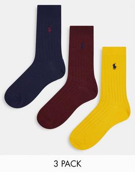 Ralph Lauren | Polo Ralph Lauren 3 pack mercerized cotton socks in red, navy, yellow with logo商品图片,8折×额外8折x额外9.5折, 独家减免邮费, 额外八折, 额外九五折