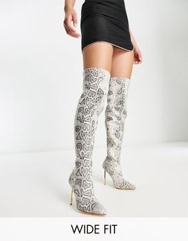 推荐Simmi London Wide Fit Duke stiletto heel over the knee boots in off white snake print商品