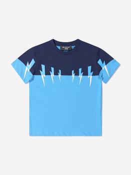 Neil Barrett | Neil Barrett Turquoise Boys Cotton Jersey Thunderbolt T-Shirt商品图片,额外8折, 额外八折