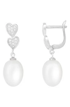 Splendid Pearls | 8-9mm Cultured Freshwater Pearl & Double Micropave Heart Earrings 独家��减免邮费