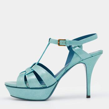 推荐Saint Laurent Turquoise Patent Leather Tribute Platform Sandals Size 39商品