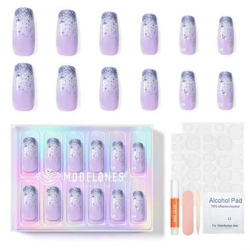 MODELONES | Purple Butterfly - 24 Fake Nails 12 Sizes Short Almond Press on Nails Kit,商家MODELONES,价格¥58
