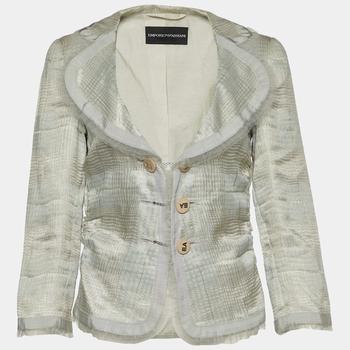 推荐Emporio Armani Grey Checked Linen Blend Ruffle Detail Jacket M商品