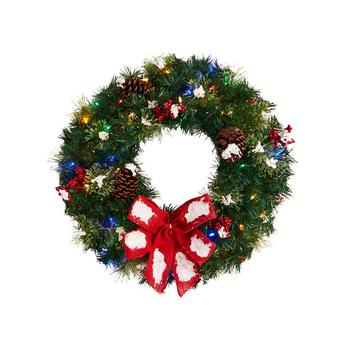 NEARLY NATURAL, NEARLY NATURAL | Snow Tipped Berry and Pinecone Artificial Wreath with Bow and 50 LED Lights, 24"商品图片 