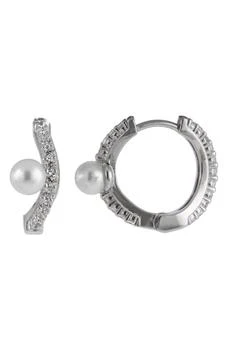 Splendid Pearls | Rhodium Plated Sterling Silver CZ 7-8mm Freshwater Pearl Huggie Hoop Earrings 独家减免邮费