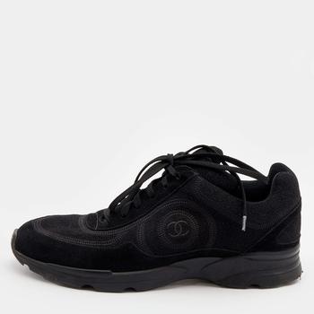 美国香奈儿鞋, [二手商品] Chanel | Chanel Black Suede And Shimmer Fabric CC Low Top Sneakers Size 40.5商品图片 7.4折