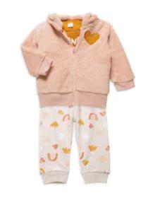 product Baby Girl's 3-Piece Faux Fur Hoodie, Slogan Bodysuit & Print Joggers Set image