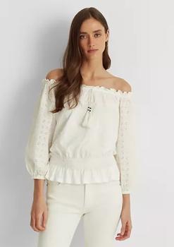 ralph lauren 衬衫, Ralph Lauren | Off-The-Shoulder Jersey Eyelet Blouse商品图片 3折