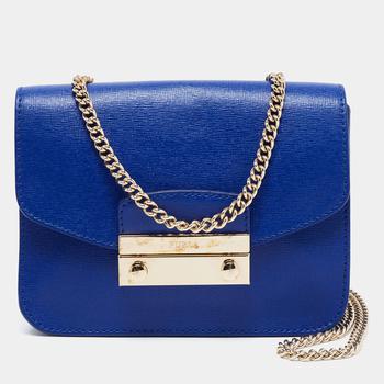 推荐Furla Royal Blue Saffiano Leather Mini Metropolis Chain Shoulder Bag商品