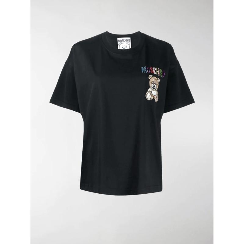 推荐MOSCHINO 女士黑色串珠泰迪熊 圆领套头短袖T恤 V0710-0540-1555商品