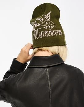 COLLUSION | COLLUSION skater beanie with cupid graphic knit in dark khaki 4.0折
