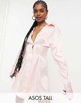ASOS | ASOS DESIGN Tall seam detail satin shirt mini dress in blush商品图片,6.5折