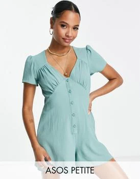 ASOS | ASOS DESIGN Petite bubble crepe cap sleeve tea button front playsuit in sage 6.1折