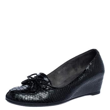 Stuart Weitzman Black Python Embossed Leather Wedge Bow Detail Loafer Pumps Size 38 product img