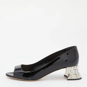 推荐Miu Miu Black Patent Leather Crystal Embellished Block Heel Peep Toe Pumps Size 35.5商品