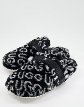 推荐Ugg fluff it pop sheepskin slippers in all over logo print black商品