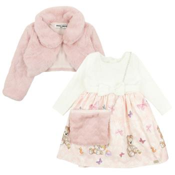推荐Pink & White Dress & Faux Fur Jacket & Bag Set商品