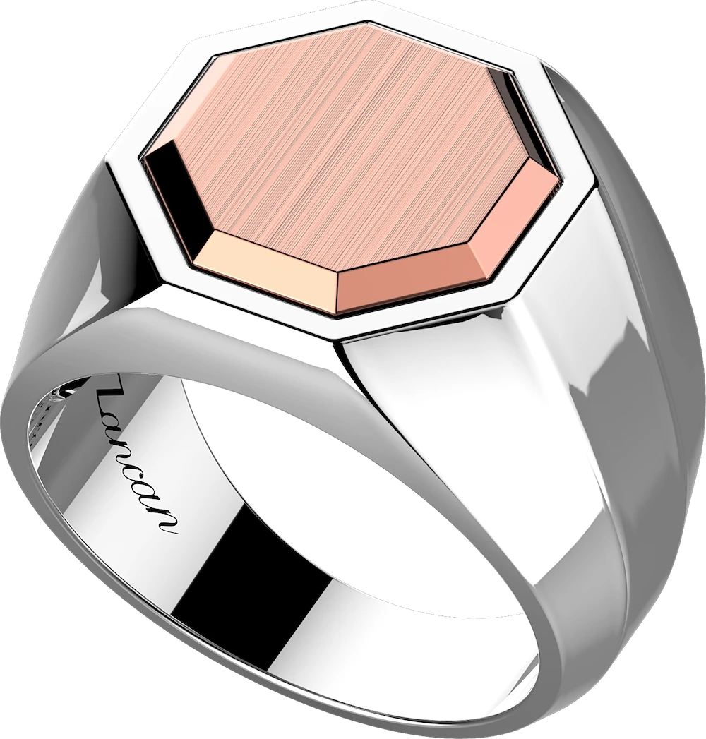 推荐Hexagonal silver ring with rose gold insert on top.商品
