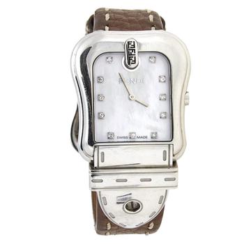 推荐Fendi Mother of Pearl Diamond Stainless Steel Leather B.Fendi 3800G Women's Wristwatch 33 mm商品