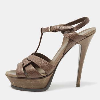 Yves Saint Laurent | Saint Laurent Metallic Bronze Leather Tribute  Ankle Sandals Size 37.5商品图片,3.3折